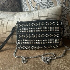 Black leather studded wristlet/Crossbody with chain strap